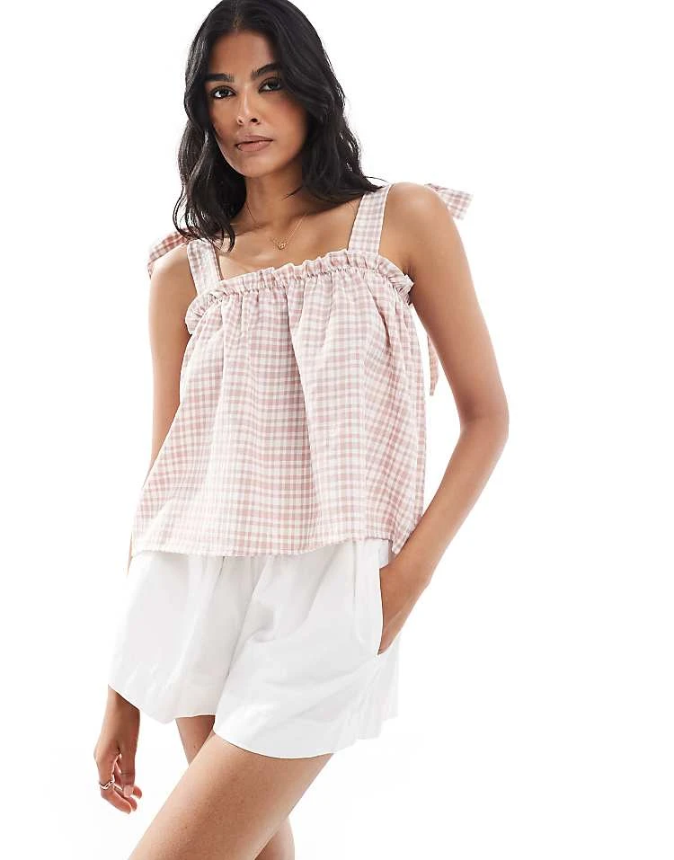 Miss Selfridge Tie Shoulder Gingham Top For Women Pink - Image 5