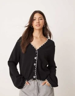 Miss Selfridge Blanket Stitch V Neck Cardigan For Women Black