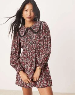 Miss Selfridge Petite Long Sleeve Lace Mini Dress In Print For Women Multi