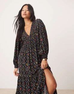Miss Selfridge Petite Trimmed Maxi Dress In Multi Print For Women