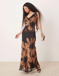 Miss Selfridge Petite Tie Shoulder Cowl Neck Slip Dress In Brown Large Floral Print For Women Multi