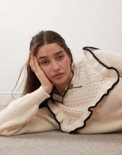 Miss Selfridge Jumper With Frill Detail In Cream For Women