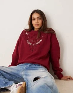 Miss Selfridge Embroidery Cut Out Detail Sweatshirt In Burgundy For Women
