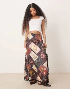 Miss Selfridge Petite Maxi Skirt In Patchwork Postcard Print For Women Multi
