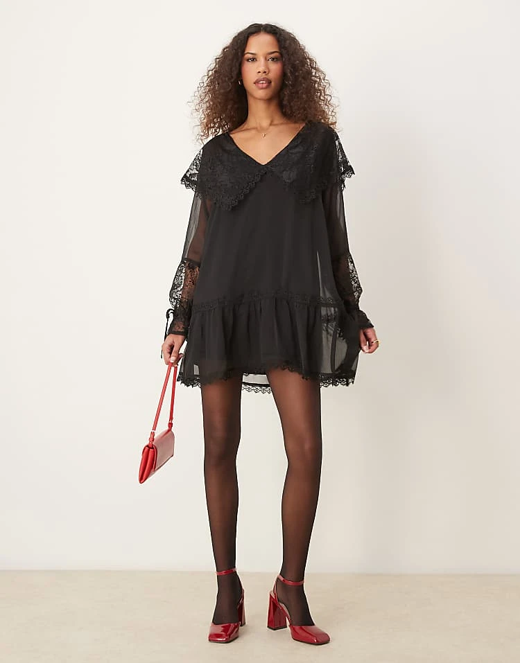 Miss Selfridge Lace Collar Smock Mini Dress In Black For Women