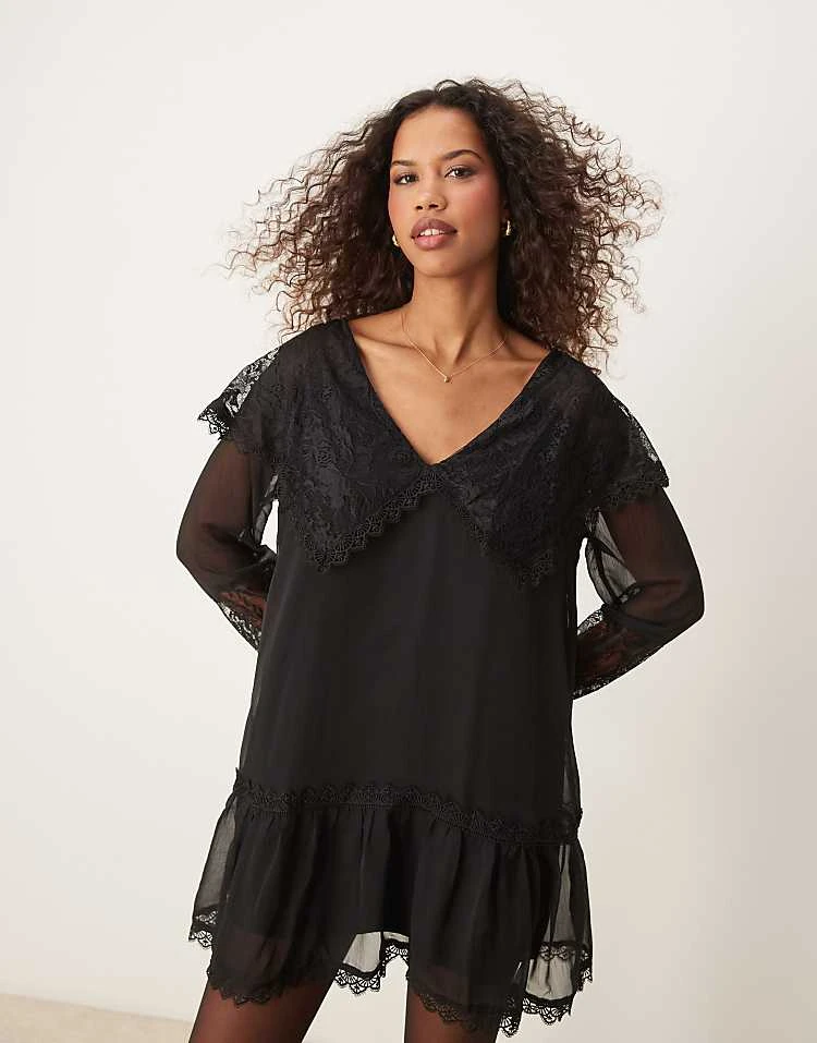 Miss Selfridge Lace Collar Smock Mini Dress In Black For Women - Image 3