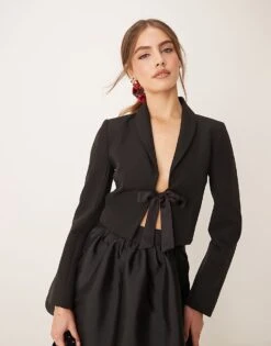Miss Selfridge Ribbon Detail Cropped Blazer In Black For Women