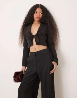 Miss Selfridge Petite Ribbon Detail Cropped Blazer In Black For Women