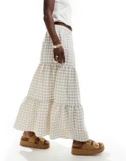 Miss Selfridge Tiered Maxi Gingham Skirt In Stone For Women