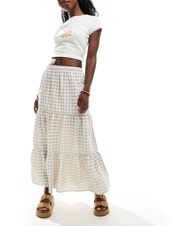 Miss Selfridge Tiered Maxi Gingham Skirt In Stone For Women - Image 5