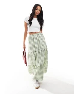 Miss Selfridge Tiered Maxi Gingham Skirt In Sage For Women Sage Gingham