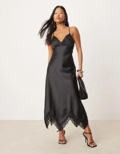 Miss Selfridge Petite Satin Maxi Dress With Lace Insert In Black For Women