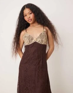 Miss Selfridge Petite Maxi Slip Dress With Contrast Lace In Chocolate For Women Brown