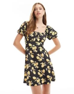 Miss Selfridge Babydoll Mini Dress In Lemon Print For Women