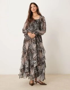 Miss Selfridge Ruffle Hem Maxi Dress In Animal Print For Women