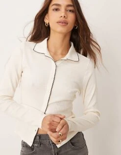 Miss Selfridge Blanket Stitch Collar Detail Long Sleeve Top In Cream For Women