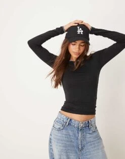 Miss Selfridge Contrast Stitch Long Sleeve Tee In Black For Women