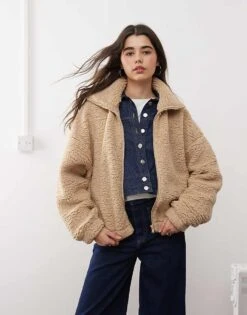 Miss Selfridge Borg Zip Through Long Sleeve Top In Light Camel For Women