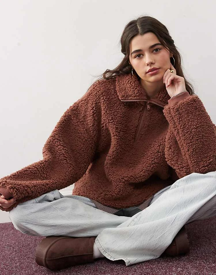 Miss Selfridge Borg Half Zip Top In Chocolate For Women