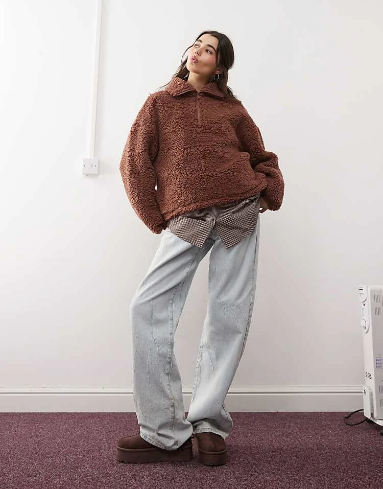 Miss Selfridge Borg Half Zip Top In Chocolate For Women - Image 3