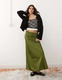 Miss Selfridge Satin Maxi Skirt In Olive For Women Green