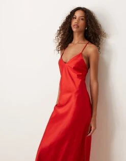 Miss Selfridge Satin Strappy Maxi Dress For Women Red
