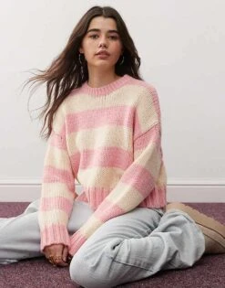 Miss Selfridge Striped Jumper In Pink Stripe For Women