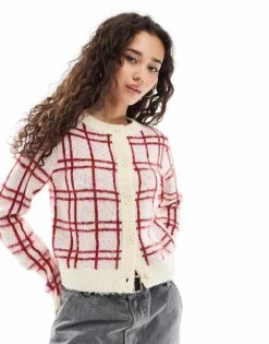 Miss Selfridge Check Button Through Cardigan For Women Red Check
