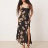 Miss Selfridge Petite Chiffon Lace Trim Maxi Slip Dress In Oversized Rose Print For Women