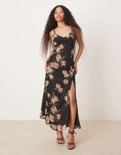 Miss Selfridge Petite Chiffon Lace Trim Maxi Slip Dress In Oversized Rose Print For Women
