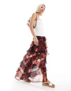 Miss Selfridge Asymmetric Ruffle Maxi Skirt In Floral Print For Women Multi