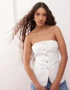 Miss Selfridge Bandeau Blazer Top With Heart Buttons In White For Women