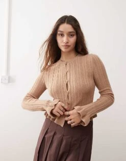 Miss Selfridge Knitted Frill Hem And Cuff Cardigan For Women Camel