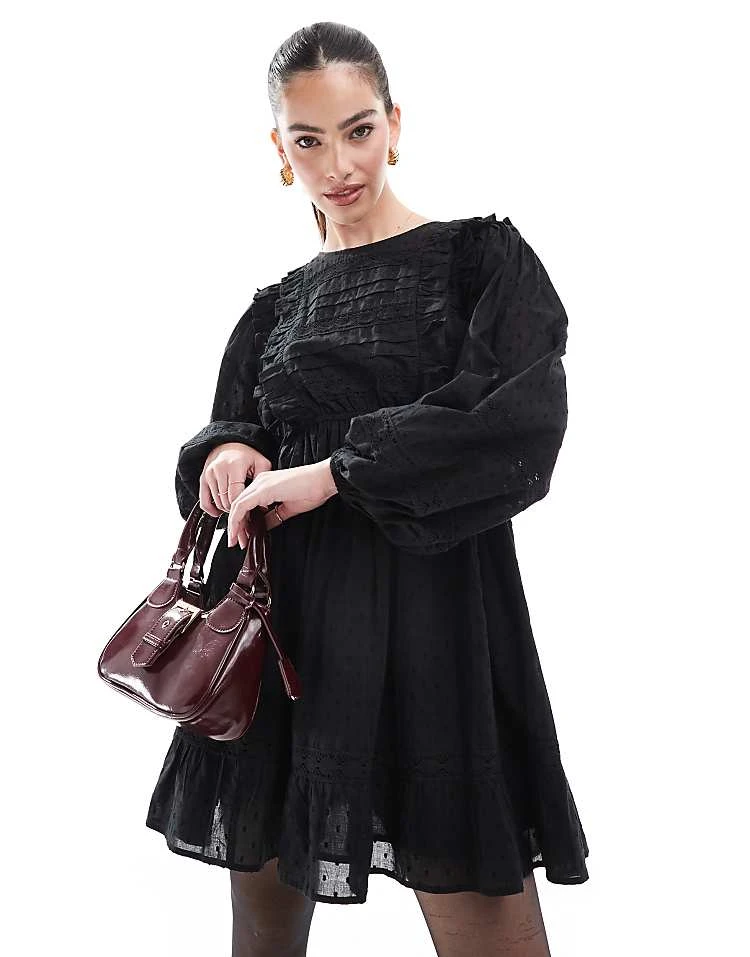 Miss Selfridge Long Sleeve Pintuck Trim Insert Mini Dress In Black For Women