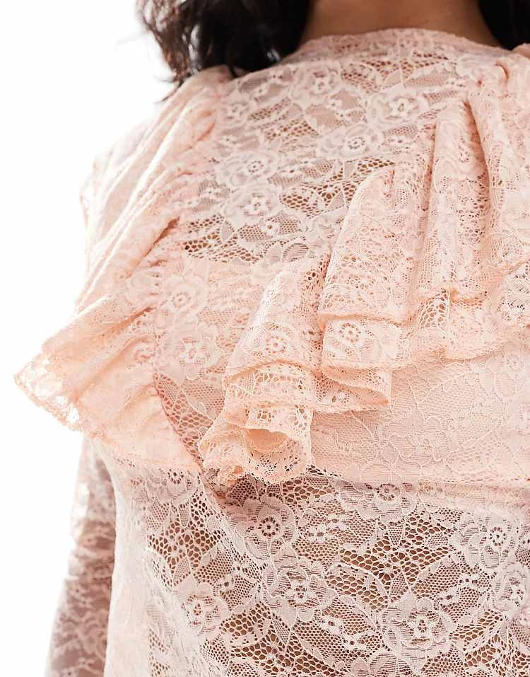Miss Selfridge Ruffle Detail Long Sleeve Lace Top For Women Ivory - Image 3