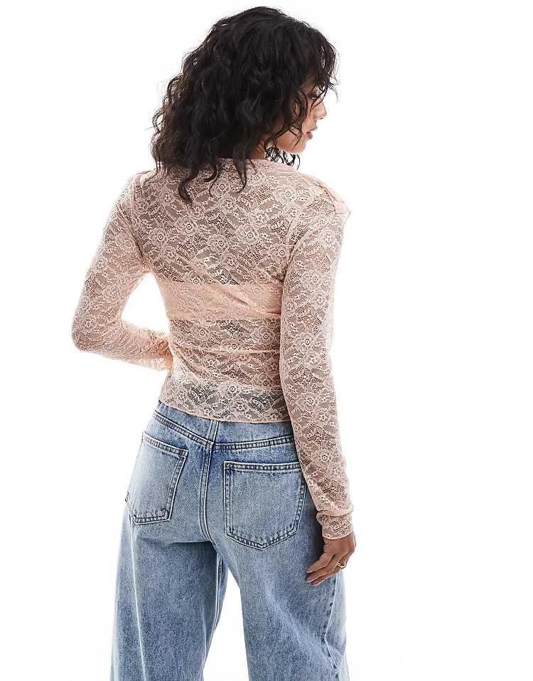 Miss Selfridge Ruffle Detail Long Sleeve Lace Top For Women Ivory - Image 4