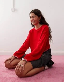 Miss Selfridge Blanket Stitch Knitted Jumper In Red For Women