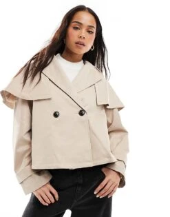 Miss Selfridge Cropped Cape Trench In Stone For Women
