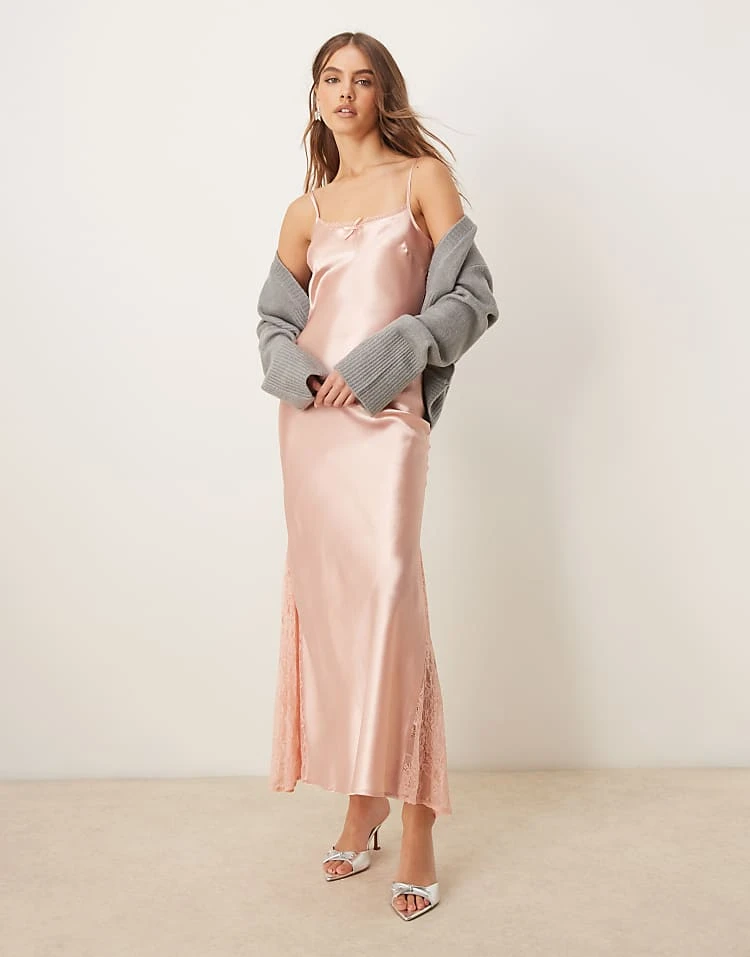 Miss Selfridge Satin Lace Mix Maxi Slip Dress In Light Pink For Women Dusty Pink - Image 5