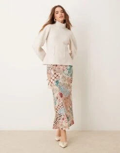 Miss Selfridge Satin Maxi Skirt In Patchwork Print For Women Multi