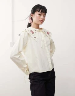 Miss Selfridge Embroidered Collar Shirt In Ivory For Women