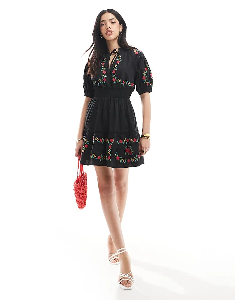 Miss Selfridge Western Embroidered Detail Waisted Mini Dress In Black For Women Black Embroidery - Image 5