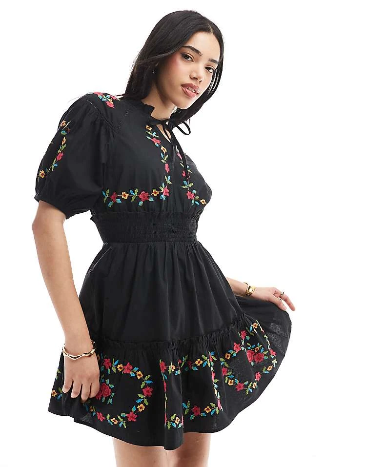 Miss Selfridge Western Embroidered Detail Waisted Mini Dress In Black For Women Black Embroidery - Image 4