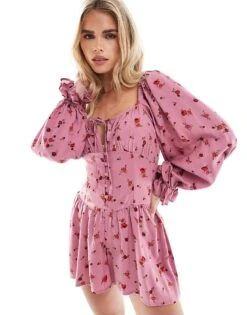Miss Selfridge Petite Long Sleeve Playsuit In Pink Ditsy Floral Print For Women