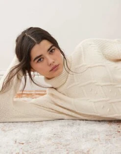 Miss Selfridge Turtle Neck Cable Jumper With Fringe For Women Ecru