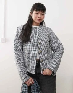 Miss Selfridge Mono Check Quilted Bed Jacket For Women Black Check