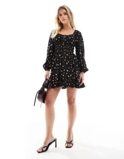 Miss Selfridge Petite Shirred Waist Mini Dress In Floral Print For Women