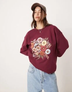Miss Selfridge Floral Print Oversized Sweatshirt In Burgundy For Women