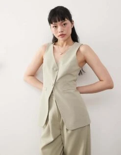 Miss Selfridge Co-ord Tailored Longline Waistcoat In Khaki For Women Light Khaki