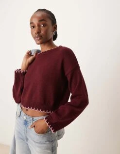 Miss Selfridge Blanket Stitch Jumper In Burgundy For Women